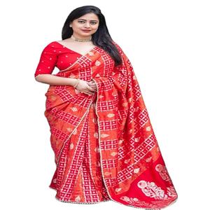 Nuevo y Elegante Sari de Algodón Crepé Banarasi Puro con Diseños de Zari, Encaje Moti, Sin Arrugas, de Secado Rápido, para Fiestas, Diwali y Uso Casual - Product Image 1