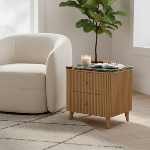 Mesa de Comedor con 2 Cajones, Madera de Acacia, MDF, Chapa de Roble, Tapa de Mármol, Diseño Dinámico, Ecológica, Puerta con Persiana, para Espacios de Comedor y Sala de Estar, Moderna - Product Image 3