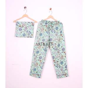 ชุดนอนลำลองลายดอกไม้พิมพ์ลายด้วยมือ ผ้าฝ้าย แขนยาว สำหรับผู้หญิง ใส่หน้าร้อน ชุดนอนสำหรับนอนหลับ - Product Image 2