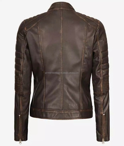 Women's Custom Clothing Neck Label Collar <b>Plain</b> Blank Women's Distressed Brown Motorcycle Leather Jacket For Winter - Product Image 5