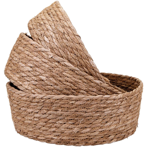 Panier ovale rustique léger en jonc de mer tressé à la main, plateau de rangement en osier écologique avec poignées intégrées pour la maison, vente en gros - Product Image 4