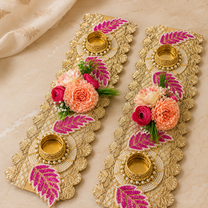 Pink Leaf Floral Diya Decoration Pair Handmade Gold Patti Pearl Wedding <b>Mandir</b> Pooja Festival Home Decor Gift Item - Product Image 1