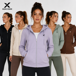 Sudadera con capucha para mujer con cremallera, de color liso, de algodón polar transpirable, informal, con bolsillo y logo X, para otoño, OEM/ODM, de moda - Product Image 1