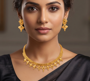 Divyoro <b>Copper</b> Gold Plated Flower Design Necklace Earrings Set Women Statement Classic Beaded <b>Chain</b> Adjustable Length Orissa - Product Image 3