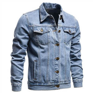 Chaqueta Vaquera Azul Clásica para Hombre, Estilo Casual Vintage, Diseño con Estampado y Encaje de Color Sólido, Temporada Primavera/Otoño - Product Image 1