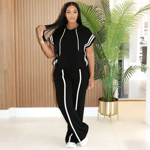 Conjunto Deportivo de Dos Piezas Estilo Europeo Americano ZHEZHE para Mujer, Camiseta con Capucha y Pantalones Holgados con Diseño a Rayas, Traje Casual de Verano - Product Image 3
