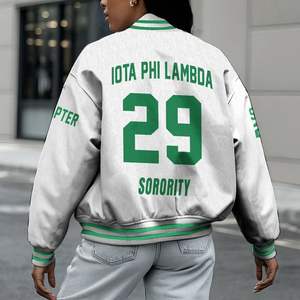 Iota Phi Lambda Women Custom Chapter Varsity Jacket White Emerald Green Letter Crest Number Year Sorority Bomber Jacket - Product Image 2