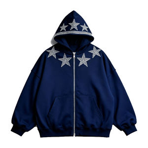 ES Clothes Custom Oversized Zip-up Cotton French Terry <b>Men</b> Sweatshirts <b>Black</b> Drop Shoulder Vintage Rhinestone Y2K Windproof - Product Image 6