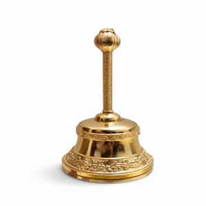 Shiny brass prayer hand bell featuring a Lord Ganesha medallion finial, available at wholesale prices. - Product Image 5