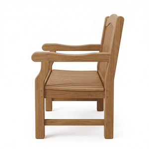 Chaise de parc extérieure contemporaine en teck massif avec dossier à lattes verticales, accoudoirs larges, écologique, durable, imperméable et confortable - Product Image 3