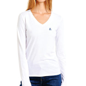 T-shirt blanc pour femme en coton biologique à col en V avec logo bleu, décontracté, printemps-été, respirant, écologique, manches longues, coupe classique - Product Image 1