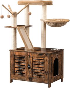 Arbre à chat avec enclos pour litière, tour à chat en bois de 44 pouces de hauteur avec griffoir, hamac pour chat, condo pour chat d'intérieur tout-en-un, brun rustique - Product Image 1