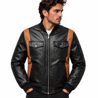 Blouson Bomber Homme en Cuir Véritable Respirant Coupe-Vent Noir Marron Color Block Moto Biker Col Montant Fermeture Éclair Hiver
