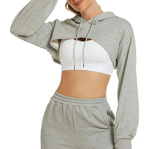 Sudadera con Capucha Corta Gris para Mujer, Estilo Casual, Hombros Caídos, Manga Larga, Color Sólido - Product Image 4