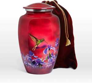โกศโลหะสีแดงลายนกฮัมมิงเบิร์ดและดอกไม้สีม่วง งานฝีมือสำหรับแสดงความเสียใจ สไตล์โมเดิร์น สำหรับใส่เถ้ากระดูก - Product Image 1