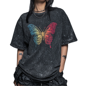 Camiseta de Verano para Mujer, Estilo Vintage, Lavada al Ácido, con Estampado de Mariposas Coloridas, de Algodón Suave, Negra, Estilo Urbano - Product Image 2