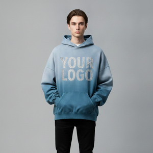 Sweat à capuche décontracté bleu surdimensionné pour homme avec logo en strass, poche avant, en molleton de coton, coupe classique, hiver, séchage rapide, respirant - Product Image 1