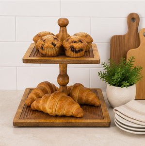 Support à gâteau en bois à 2 niveaux, fait main, plateau carré pour servir des desserts, cupcakes et pâtisseries, écologique, pour une utilisation en cuisine rustique - Product Image 3