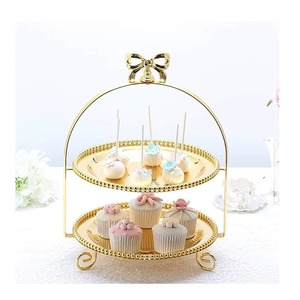 Two Tier Gold Metal Cake Stand Luxury Dessert Display For Wedding Parties And <b>Buffet</b> <b>Table</b> Decor Handcrafted From India - Product Image 1