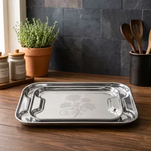 Bandeja de Servir de Acero Inoxidable con Asas, Plato Decorativo con Grabado Floral para Servir Té, Café, Bocadillos, Desayuno y Comida - Product Image 6