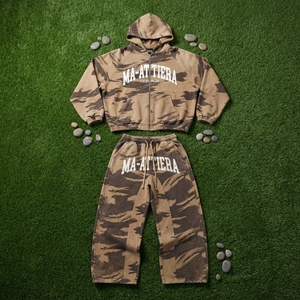 Ensemble survêtement homme marron beige camouflage à capuche zippé coupe ample manches contrastantes streetwear personnalisé OEM ODM vente en gros - Product Image 6