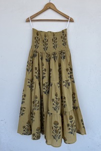 Premium Mustard Cotton Maxi Skirt Floral Hand Printed Smocked Waist Multi Tier Flared Summer Holiday Beachwear for Women - Product Image 3