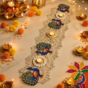 Vertical Peacock Wall Shelf with Gold Accents and Beaded Design Art Deco Style for Diwali and <b>Birthday</b> Home <b>Decor</b> - Product Image 1