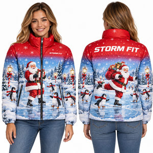 Chaqueta acolchada navideña de Papá Noel para mujer, personalizada, de tela satinada, con estampado por sublimación y cremallera frontal. - Product Image 6