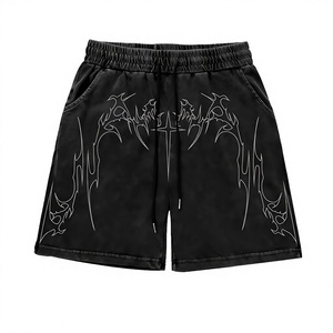 Shorts bleus à cordon de serrage en coton tricoté, style décontracté, coupe régulière, respirant, motif imprimé, taille mi-haute - Product Image 4