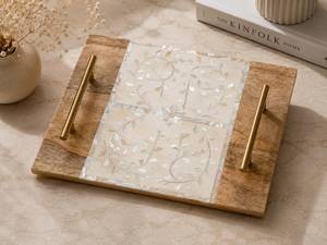Bandeja de servir de madera con incrustaciones florales de nácar, organizador decorativo rectangular para mesa de desayuno con asas de metal - Product Image 2