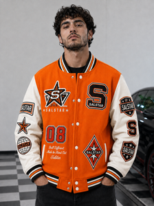 เสื้อแจ็คเก็ตเบสบอลแบบ Varsity Letterman สีส้มขาวสำหรับผู้ชาย พร้อมป้ายปักแบบ OEM ODM - Product Image 3