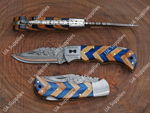 Navaja Plegable de Acero Damasco y Cobre, Grado Industrial, Profesional, para Campismo, Caza, Senderismo, EDC, Multiusos, Mango de Olivo y Pakka - Product Image 4