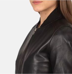 Chaqueta Bomber de Cuero PU Negra para Mujer, Estilo Motero, Cierre de Cremallera, Corte Ajustado, para Otoño, Largo Regular, Color Sólido - Product Image 5