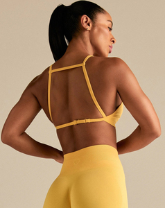 Lightweight Womens <b>Yellow</b> Seamless Halter Sports <b>Bra</b> Medium Support Yoga Fitness Top Breathable Quick Dry Solid Color Activewear - Product Image 2