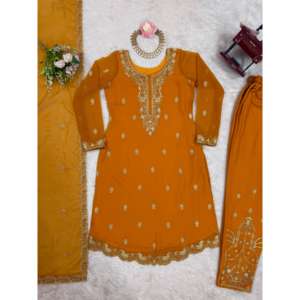 Ensemble de costumes de fête pour femmes de créateur haut bas et Dupatta avec fil de travail - Product Image 5