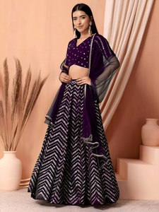 Purple <b>Sequined</b> Faux Fur Built-in <b>Bra</b> Quick Dry Lehenga Choli V-Neck A-Line Floor-Length Dress Geometric Pattern Elegant Evening - Product Image 2