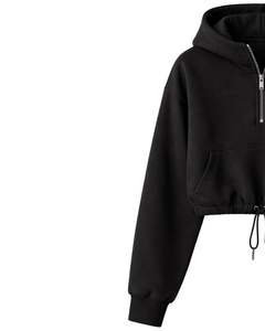 Sudadera con capucha corta de forro polar negra con cremallera de un cuarto, bolsillo canguro, dobladillo con cordón ajustable, estilo casual urbano, cálida, para mujer, personalizada - Product Image 2