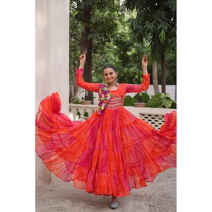 Handmade A-Line Gown for Navratri Beautiful Patch Work Embellished Empire Waistline Chiffon Fabric - Product Image 2