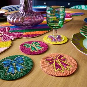 Colorful <b>Beaded</b> Durable Handmade Embroidered Round Drink <b>Coaster</b> Modern Table Decor - Product Image 1