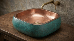 Lavabo de cobre martillado hecho a mano con pátina verdigris, estilo rústico para baño, lavabo de cobre artesanal. - Product Image 3
