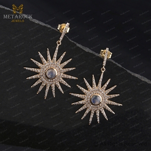 Genuine Pave <b>Diamond</b> Solid 14k Yellow Gold Rinbow Moonstone Designer <b>Dangle</b> Star <b>Earrings</b> Fine Jewelry Wholesale - Product Image 4