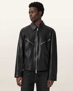 Blouson moto en cuir noir pour homme, col rabattu, fermeture éclair, coupe classique, couleur unie, matière PU, pour l'automne - Product Image 6