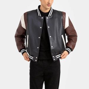 Veste universitaire en PU noire et marron pour homme, col rabattu, boutonnée, style décontracté, pour l'automne - Product Image 4