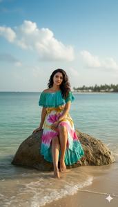 Vestido de Playa Rosa y Turquesa con Estampado Tie Dye, Hombros Descubiertos, Volantes, Estilo Boho, para Vacaciones de Verano - Product Image 2