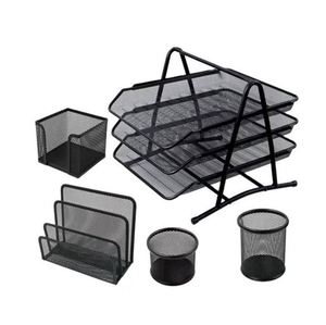 Metal Office Desk Set 5 Desktop Accessories Includes <b>File</b> Paper Tray Mail Letter <b>Organizer</b> Pen Cup - Product Image 1