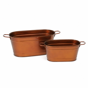 Jardinière ovale en métal avec poignées, pot de fleurs décoratif thermolaqué, seau de jardin pour intérieur et extérieur, lot de 2 - Product Image 1