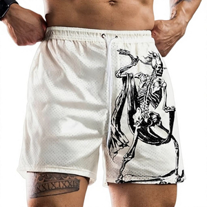 Pantalones Cortos Deportivos Casuales Transpirables para Hombre, Blancos, de Malla, con Estampado de Esqueleto, Cintura Ajustable con Cordón - Product Image 3