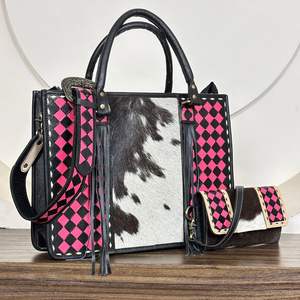 Conjunto de 2 Piezas: Bolso Tote de Cuero Genuino a Cuadros y Cartera de Mano de Cuero Vacuno Grabado a Mano, Novedad 2026 - Product Image 6