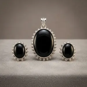 925 Sterling Silver Black Onyx Jewelry Set Pendant Earrings Oval Gemstone Beaded Setting Women's Classic Elegant Everyday Wear - Product Image 2