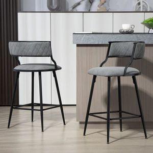 Sgabelli da Bar Altezza Bancone 26FT con Rivestimento in PU Grigio, Sedia da Bar per Isola Cucina con Base e Poggiapiedi in Verniciatura a Polvere Nera - Product Image 1